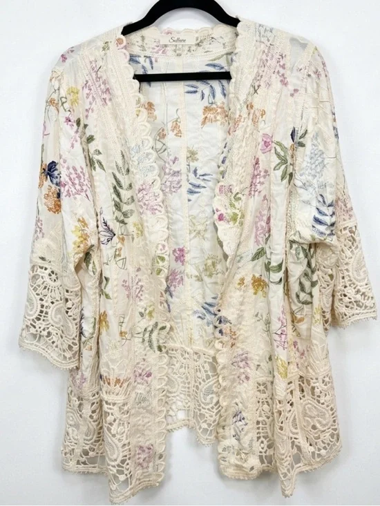 Floral Crochet Embroidered Kimono Cover-Up Cardigan - Picture 2 of 10